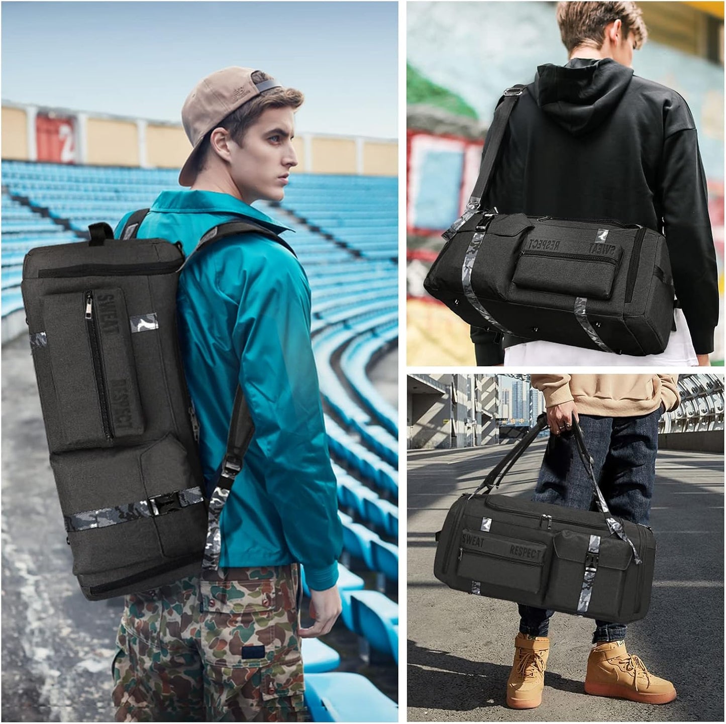 Gym Bags for Men Gym Duffle Bag Backpack 3-Way Sports Duffel Bags for Men with Shoe Compartment & Wet Pocket（Black）