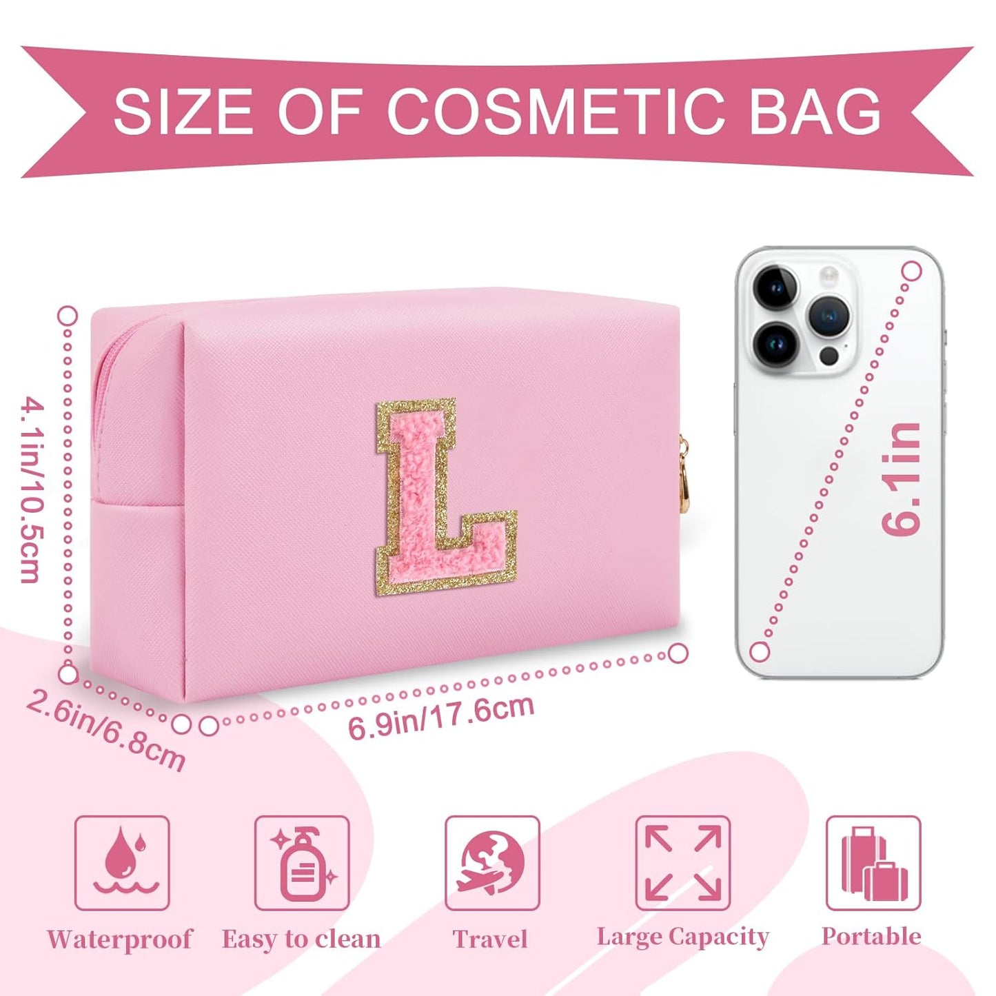 Personalized Initial A-Z Preppy Patch Makeup Bag,Small PU Leather Chenille Letter Cosmetic Bag with Zipper for Teen Girls,Pink Cute Travel Toiletry Bag,Birthday Monogrammed Gift for Daughter,Letter L