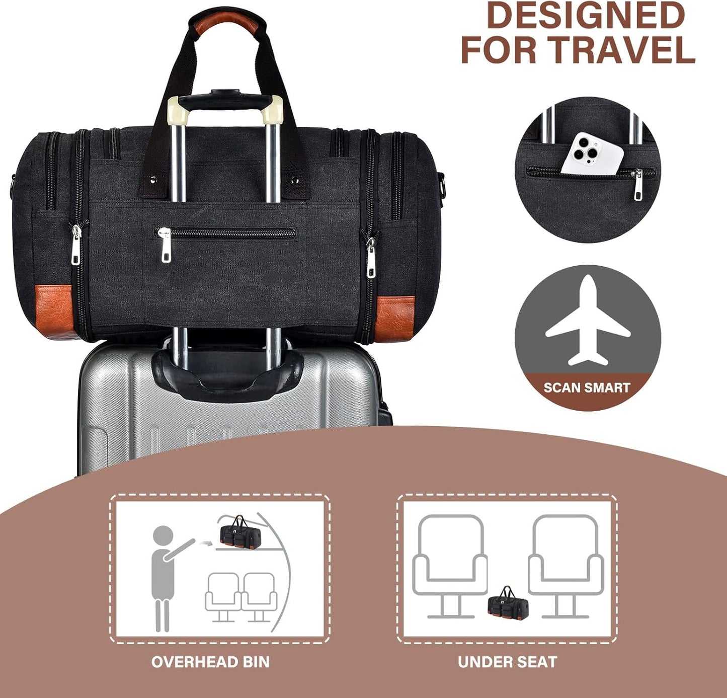 Canvas Duffle Bag For Travel, 50L Expandable Carry on Overnight Travel Duffel Bags with Laptop Compartments Weekend Gym Bag for Men(Black)