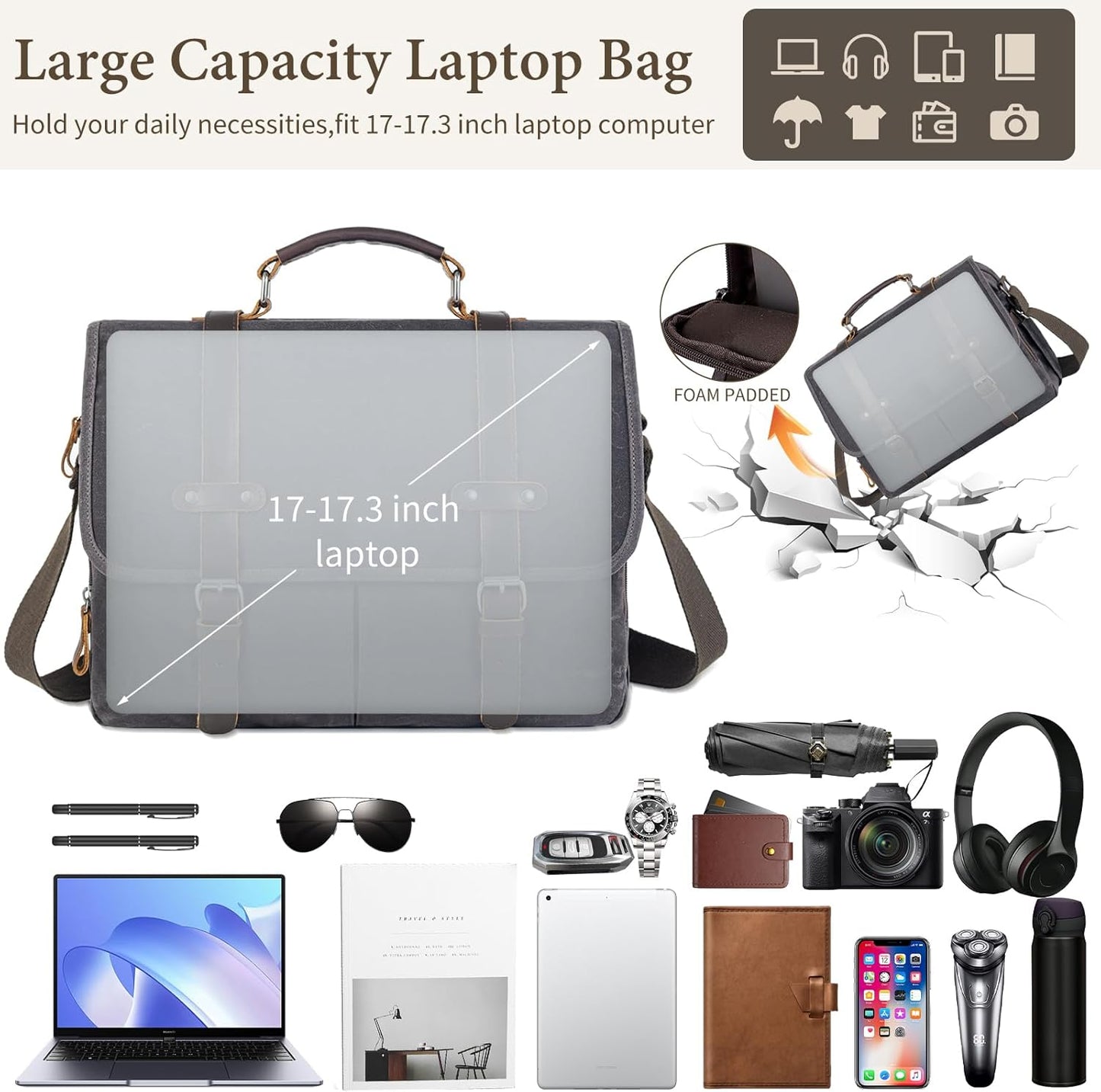Wogarl 15.6" Messenger Bag for Men: Leather Waxed Canvas Briefcase Large Computer Laptop Bag Handbags Crossbody Bags for Work