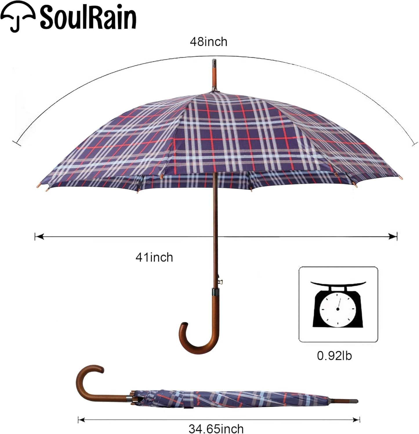 SoulRain 48" Large Umbrella –Windproof Stick Umbrellas for Rain, Automatic Open, Vintage Cane big Umbrella with Classic Wooden Handle,Open for 2 Persons adult,for Women & Men(Blue Red plaid)