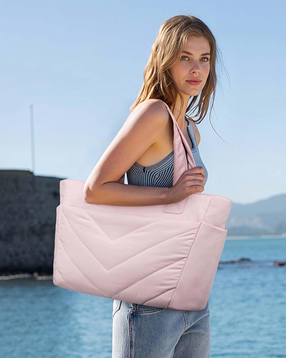 LOVEVOOK Tote Bag for Women, Puffer Work Travel Handbag with Zipper for Teacher Nurse, Quilted Cute Laptop Shoulder Gym Bag