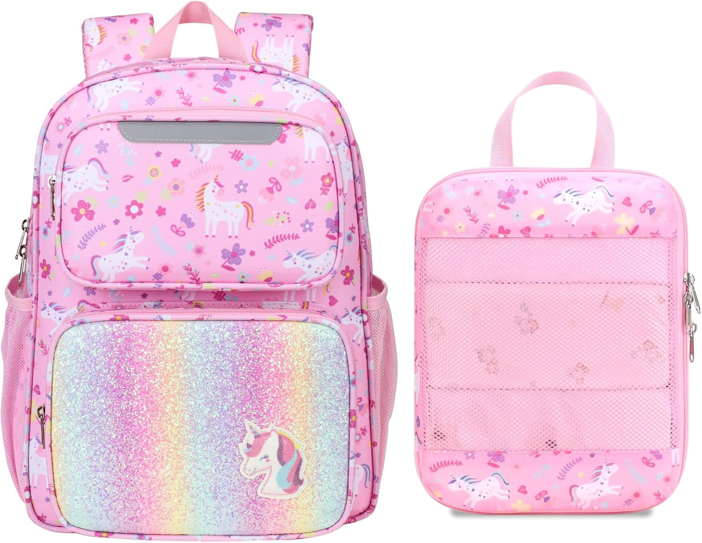 Kids Backpack and Compression Packing Cubes Set - 15 Inch Backpack for Girls 3 to 8, Lightweight Bookbag for Preschool Kindergarten Elementary School, Safe Reflective Stripe, Pink Unicorn