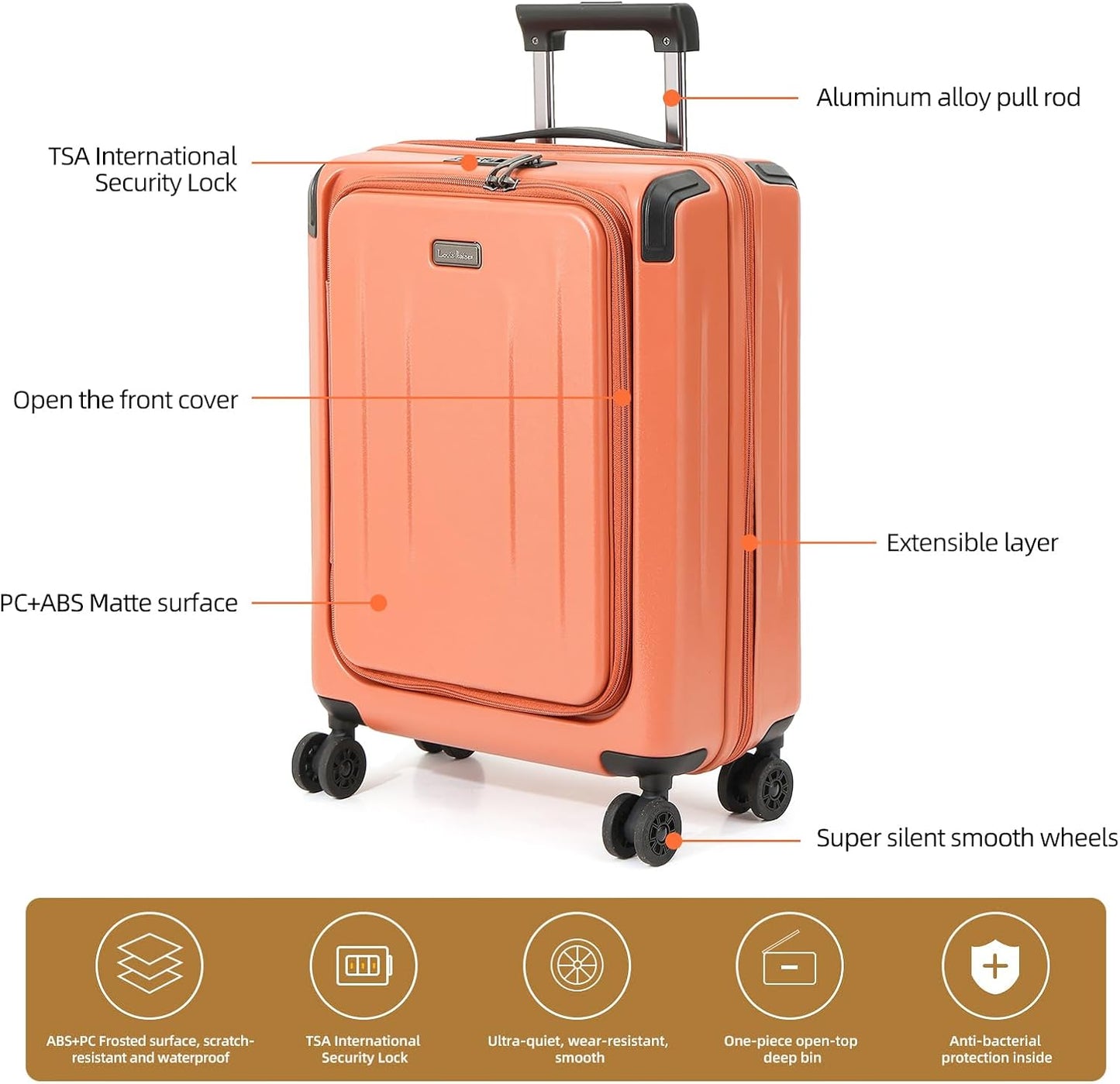 Carry On Luggage, 20 Inch Top Opening Aluminum Frame Lightweight Airline Approved ABS+PC Hard Shell Suitcases with Silent Wheels, TSA Lock, Front Pocket & Wet-dry Separated Six-piece Set (AD Orange)