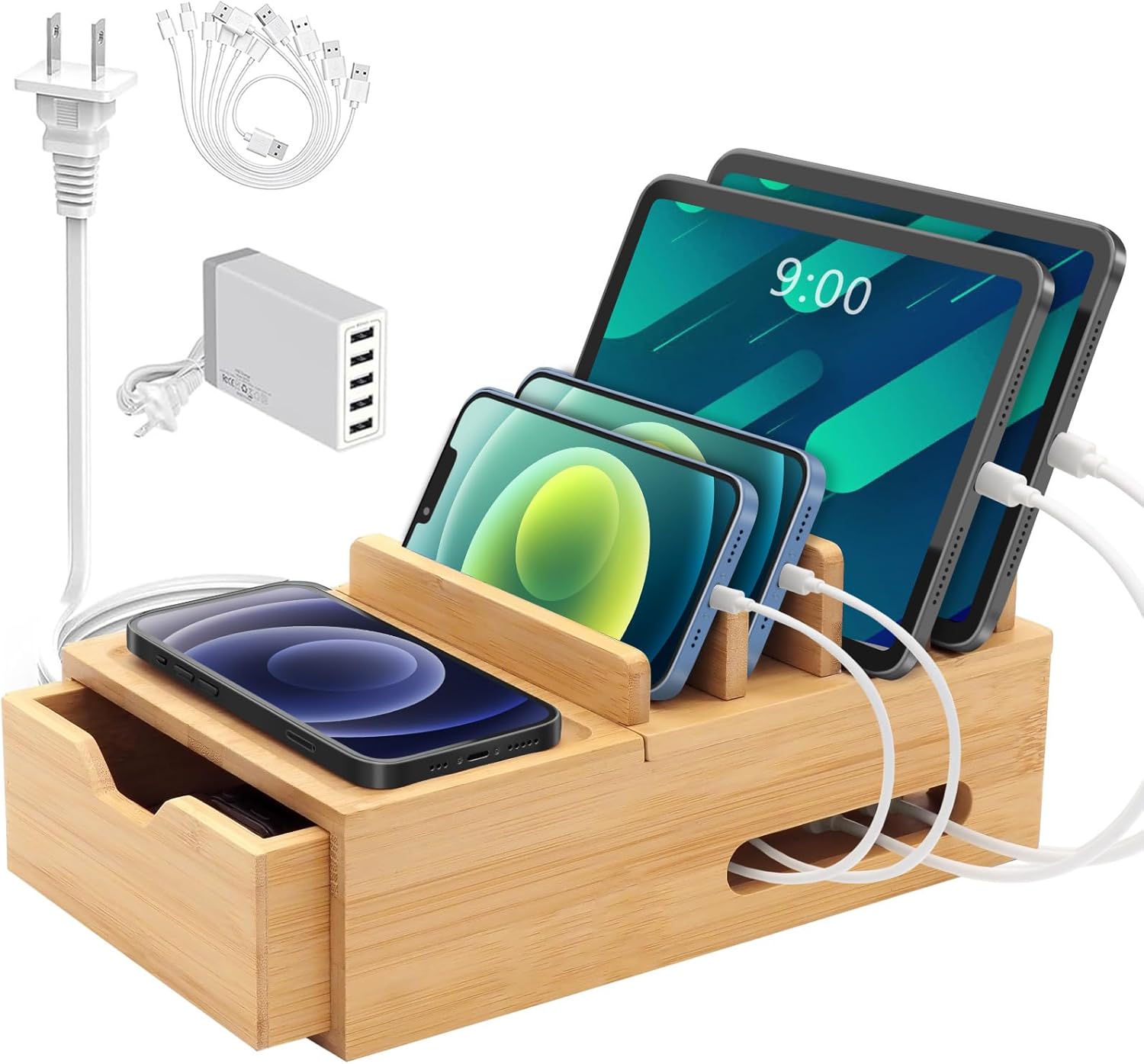 Bamboo Charging Station for Multiple Devices, Desktop Charger Organizer with Tray& Drawer, Wooden