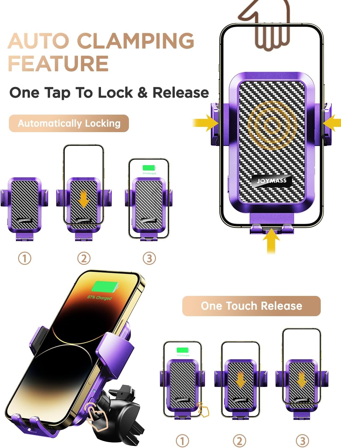 Wireless Car Charger, 15W Fast Charging Auto Clamping Car Charger Cell Phone Holder Mount Vent for iPhone 15 14 13 12 Mini Pro Max, Samsung Galaxy S24 Ultra S23 S22 S21+ Note 20, etc - Purple
