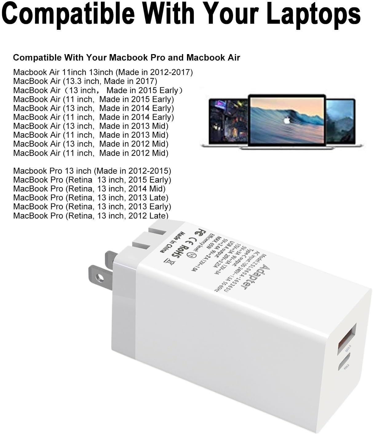 65W USB C Charger, PD QC 3.0 Fast Charging Type C Wall Charger Block, 2 Ports USB-C Power Adapter for iPhone 16 15 14 iPad Pro,for MacBook Pro Foldable Power Adapter (White)