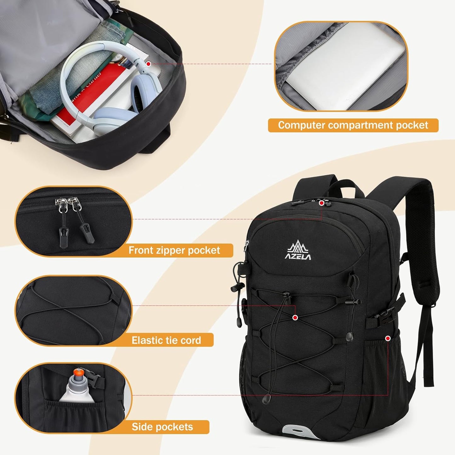 GES 30L Hiking Backpack Lightweight Water Resistant Daypack with Rain Cover & Laptop Compartment for Travel, Camping, trekking, Work(Black)