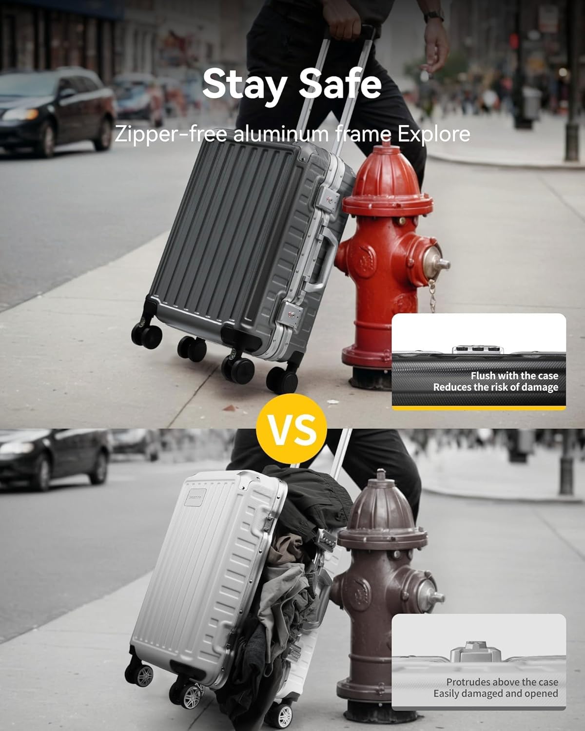 Checked Luggage with Spinner Wheels, 8010S Aluminum Frame Zipperless Polycarbonate Hard Shell