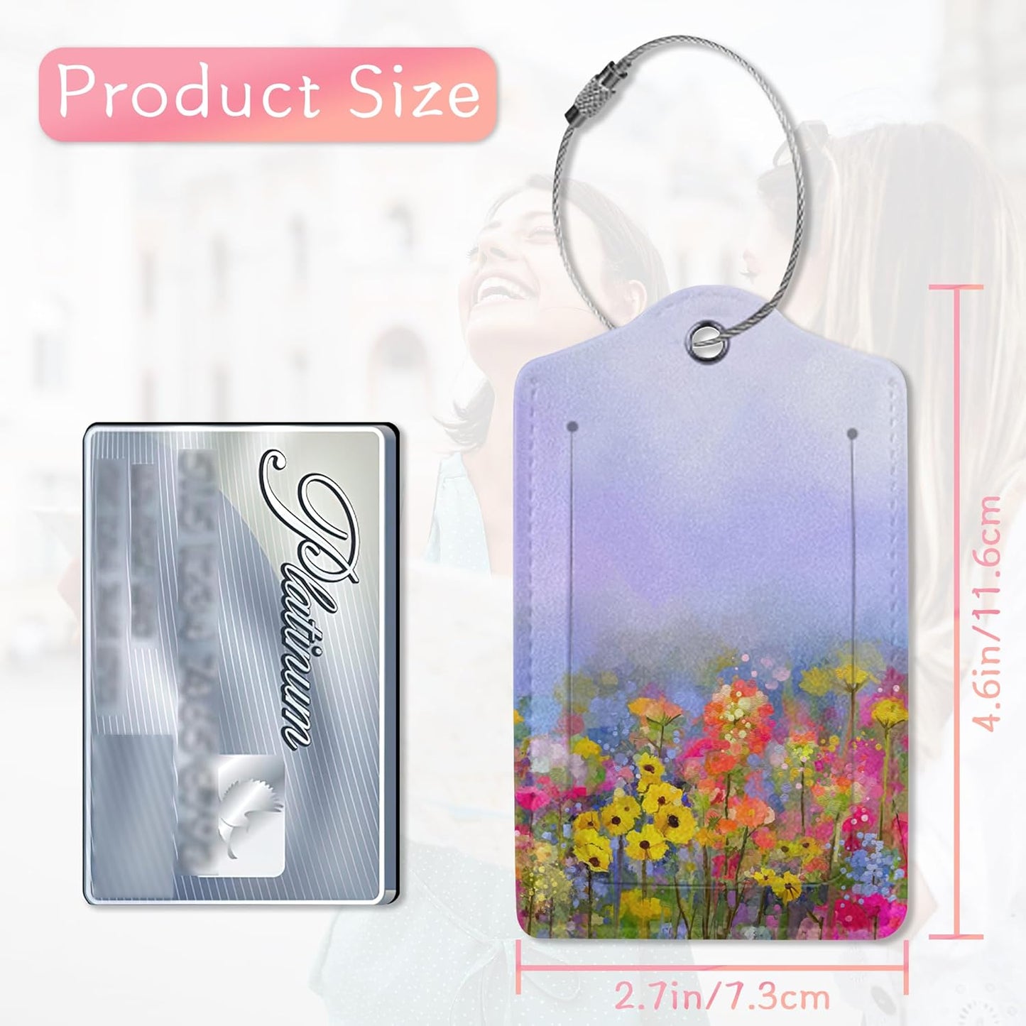 Luggage Tags for Suitcases, 2 Pack Spring Abstract Flowers Luggage Tag, Leather Stainless Steel Loop Label Tag for Men Travel Bag Suitcase