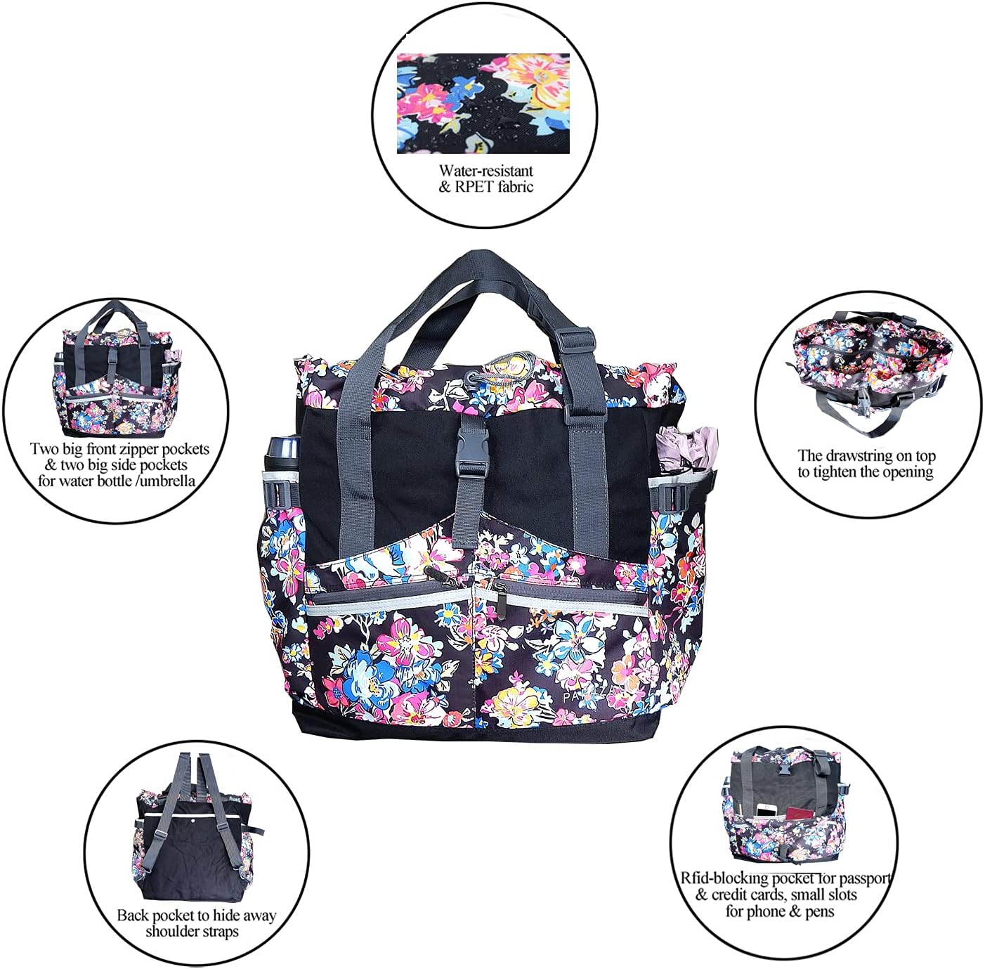 Rfid Travel Tote Bag 40L Convertible Beach Tote Backpack