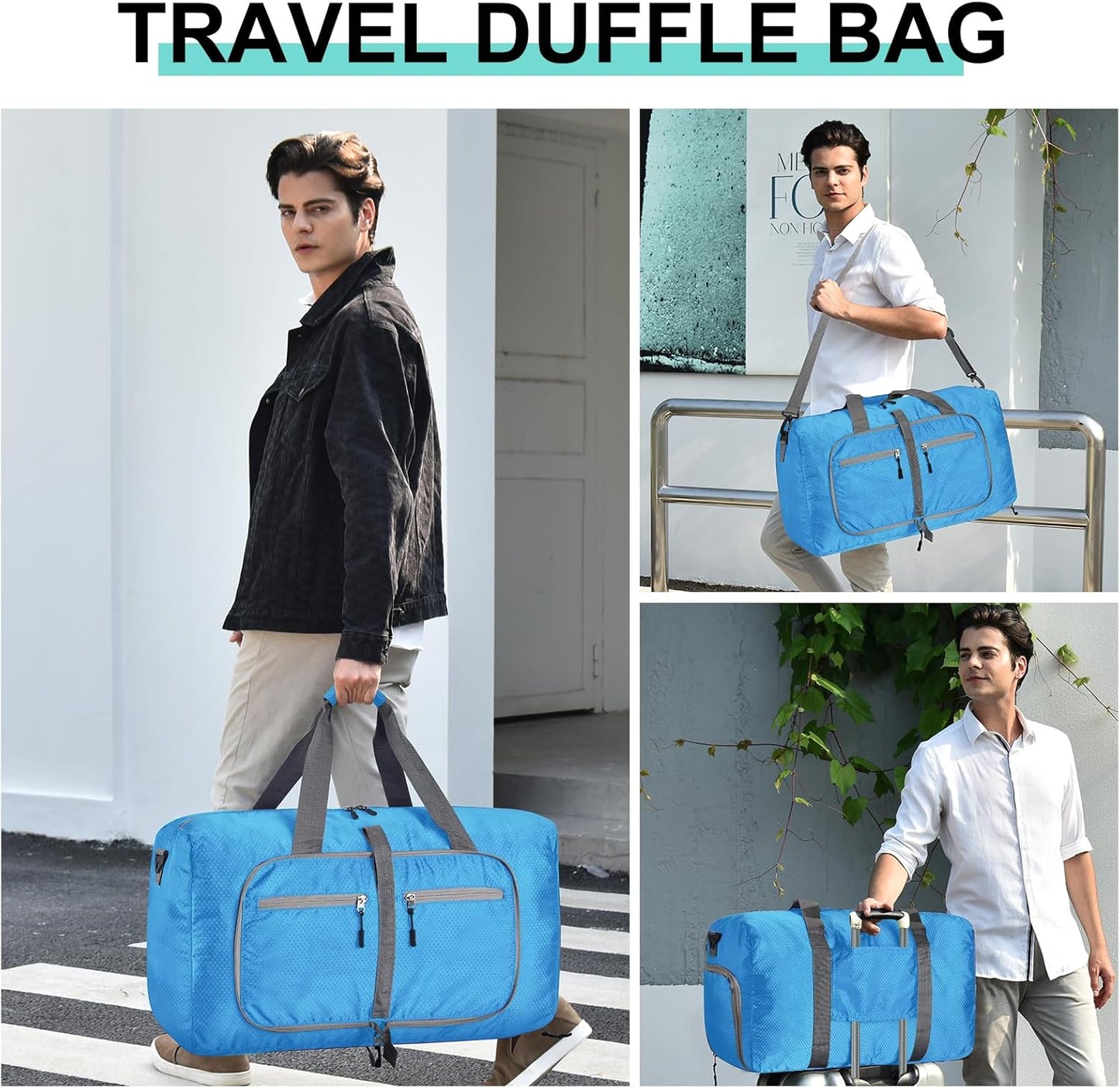 Dimayar Travel Duffle Bag for Men Women - Foldable Duffel Bag with Shoes Compartment - Overnight Bags Waterproof & Tear Resistant(40L,Light Blue)