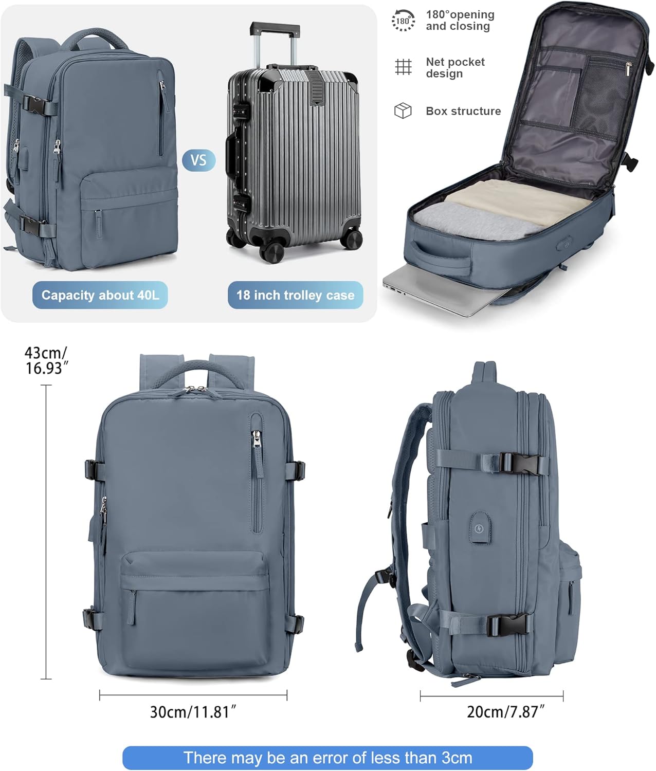 VGCUB Large Travel Backpack Bag for Women Men,Carry on Backpack,17 Inch Laptop Business Work Waterproof Backpack with Laptop Compartment,Person Item Flight Approved,Mochila de Viaje,Jewel Blue