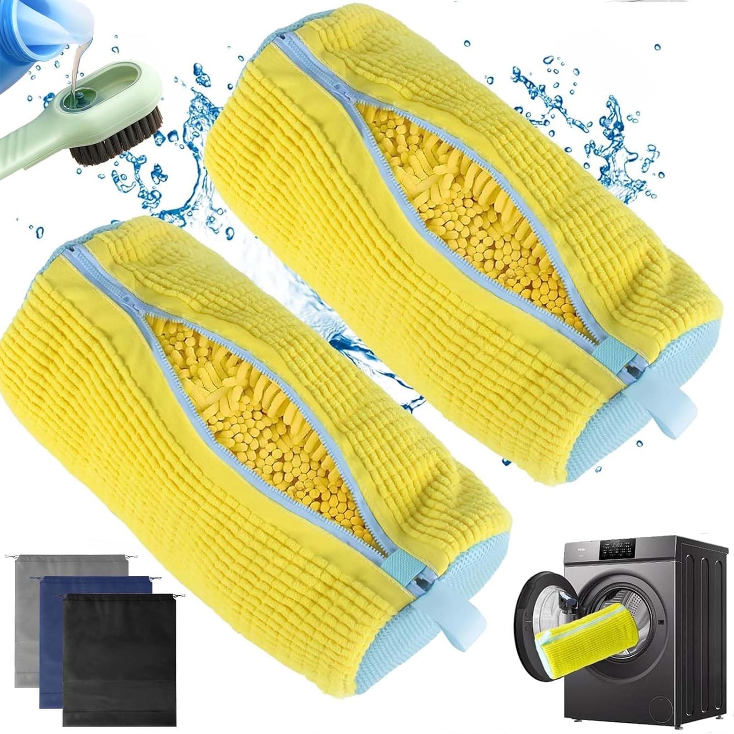 2Pcs Shoe Washing Machine Bag, Durable Laundry Shoe Bag for Washing Machine, Fluffy Fibers 360° Cleaning, Includes Liquid Shoe Brush & Travel Dust Bag, Ideal for Sneakers & Gym Shoes (yellow)