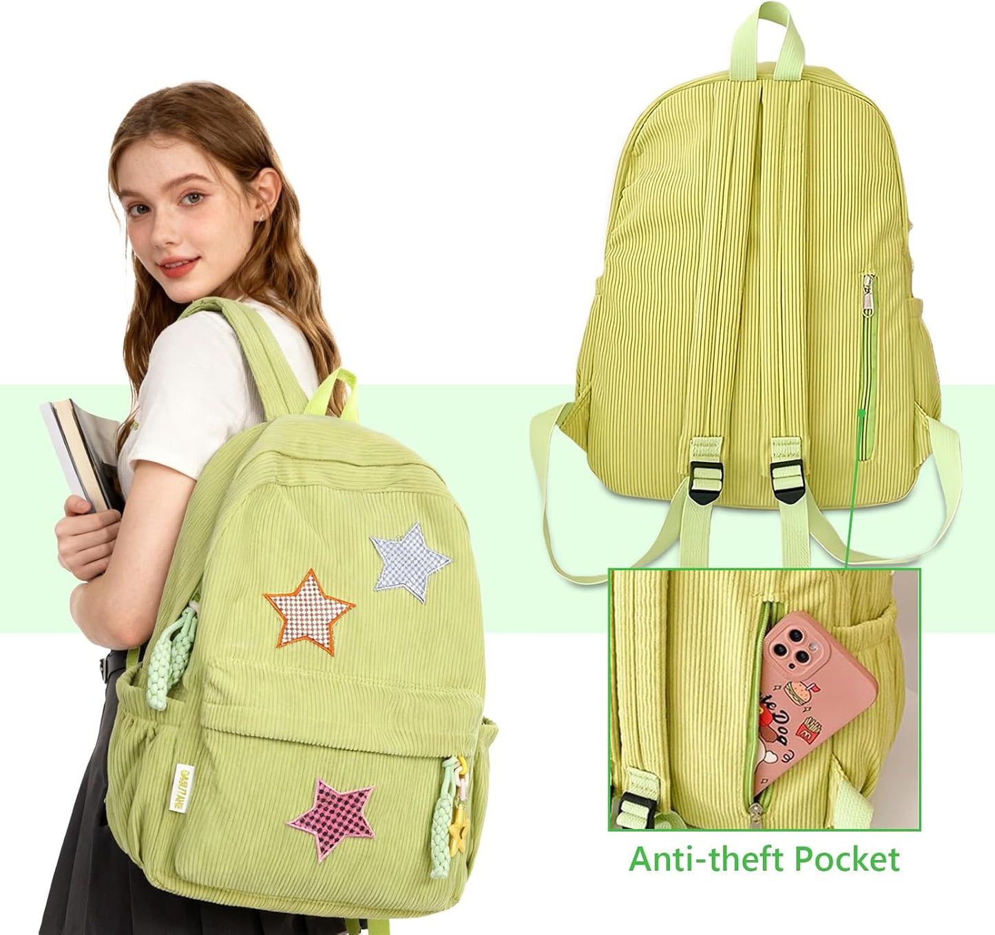 Corduroy Backpack with Star Pattern, Trendy and Versatile, Fits 14'' Laptop Large Capacity Daily Commute (Green)