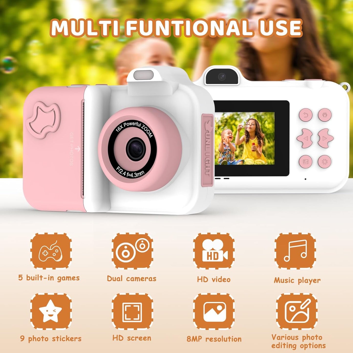 Kids Camera Instant Print, Christmas Birthday Gifts Toys for Girls Boys Age 4 5 6 7 8 9 10 11 12 Years Old,1080P HD Dual-Lens Selfie Digital Camera with 5 Rolls Print Paper Stickers Pens & 32G Card