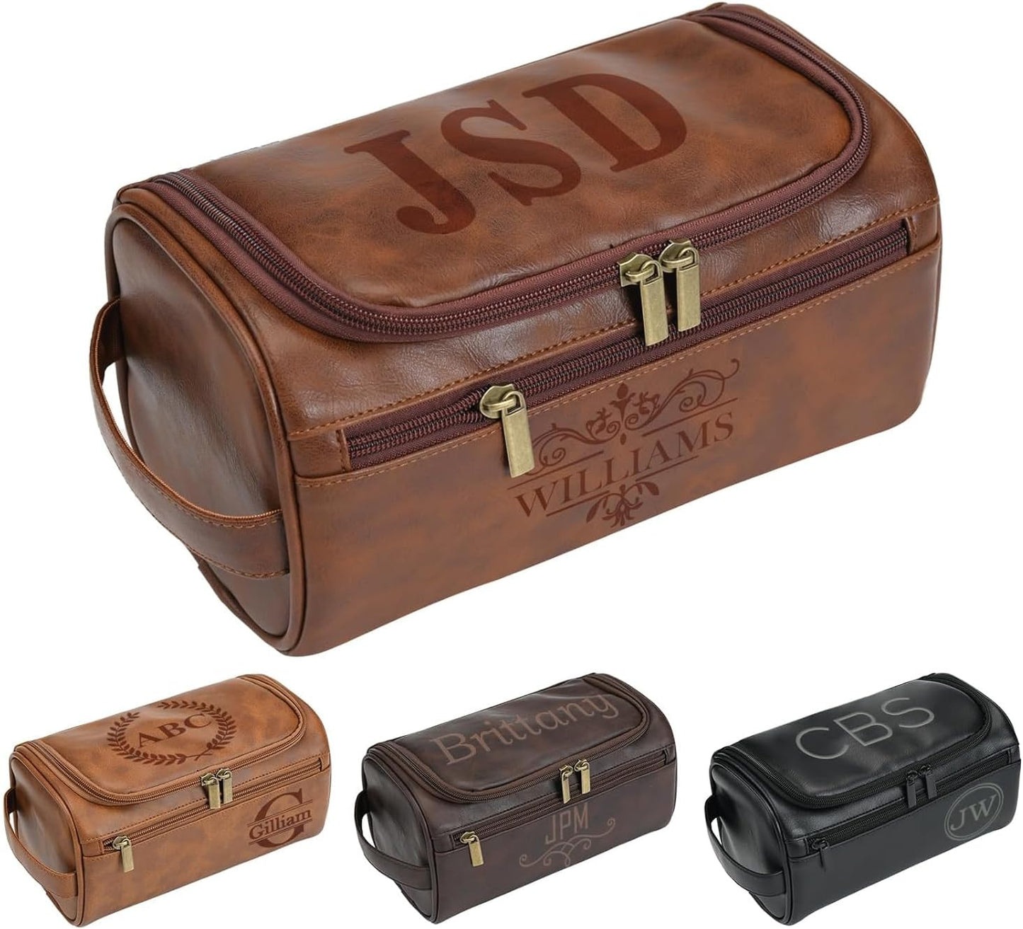 Personalized Leather Toiletry Bag For Men with Hook, Groomsmen Gifts Travel Bag Laser Engraved Name Monogram PU Gift For Him Husband Father Leather Dopp Kit with Side Handle