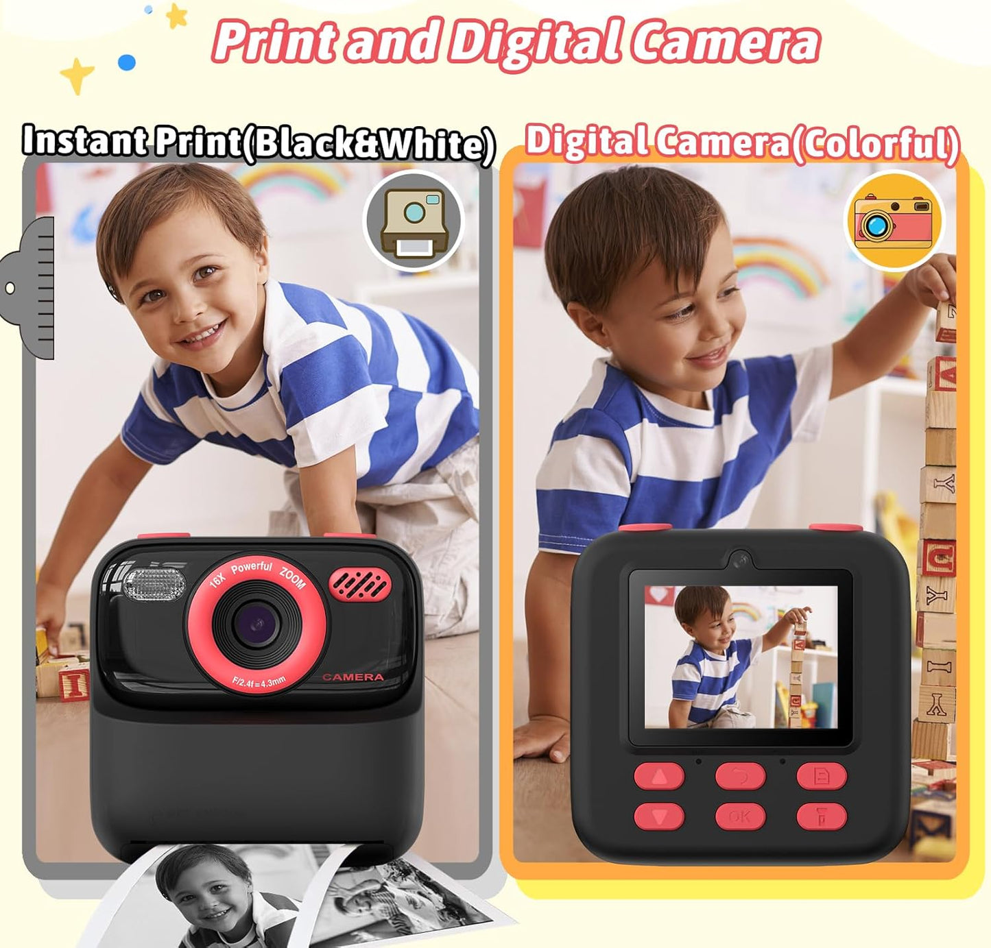 Kids Instant Digital Cameras for Boys and Girls, 1080P HD Dual-Lens Selfie Digital Camera with Print Paper & 32G Card, Christmas Birthday Gifts Toys for Toddler and Teenagers Age 3-16 Years Old