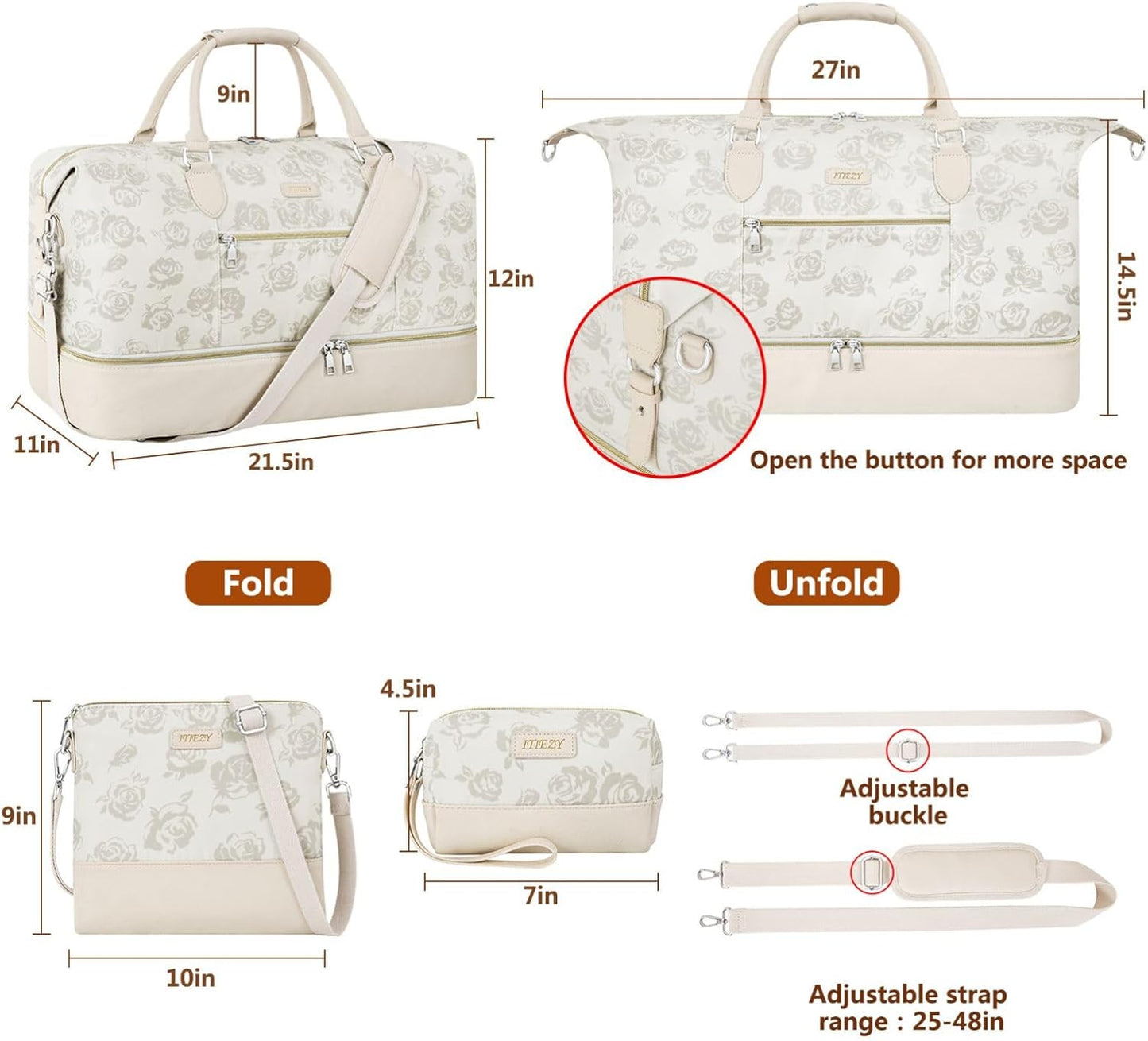 Weekender Bag for Women, Travel Duffel Bag Carry On Overnight Bag with Shoe Compartment Large Nylon