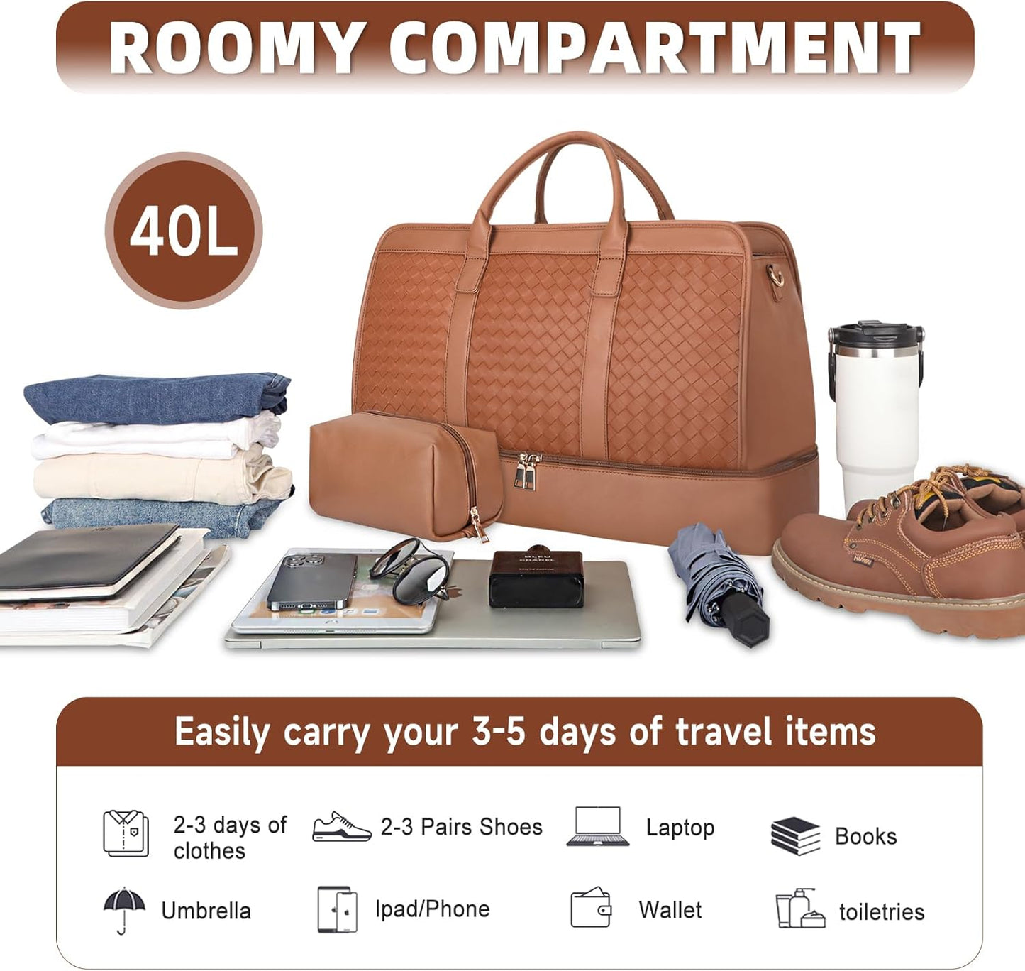 Bolosta Travel Duffle Bag for Men Women, PU Leather Duffel Bag for Traveling, Large Carry on Weekender Overnight Bag with Shoe Compartment, Perfect for Travel/Daily Use