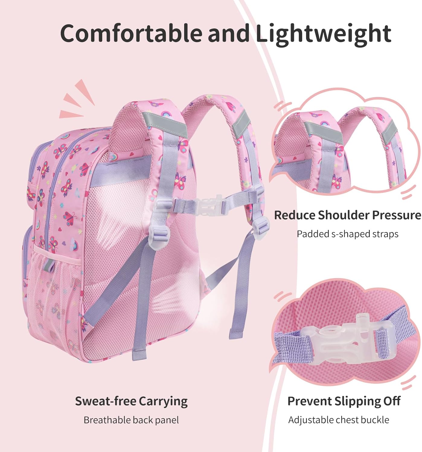 Kids Backpack for Girls - 15 Inch Backpack for Kids 3 to 8, Lightweight Bookbag for Preschool Kindergarten Elementary School, Insulated Pocket, Safe Reflective Stripe, Pink Butterfly
