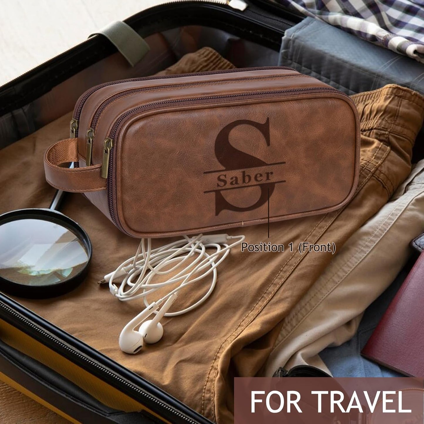 Personalized Toiletry Bag For Men, Laser Engraved Name Monogram Travel Toiletry Bag, Customized PU Leather Shaving Dopp Kit for Groomsmen, Gift for Him, Father, Husband, Christmas, Birthday
