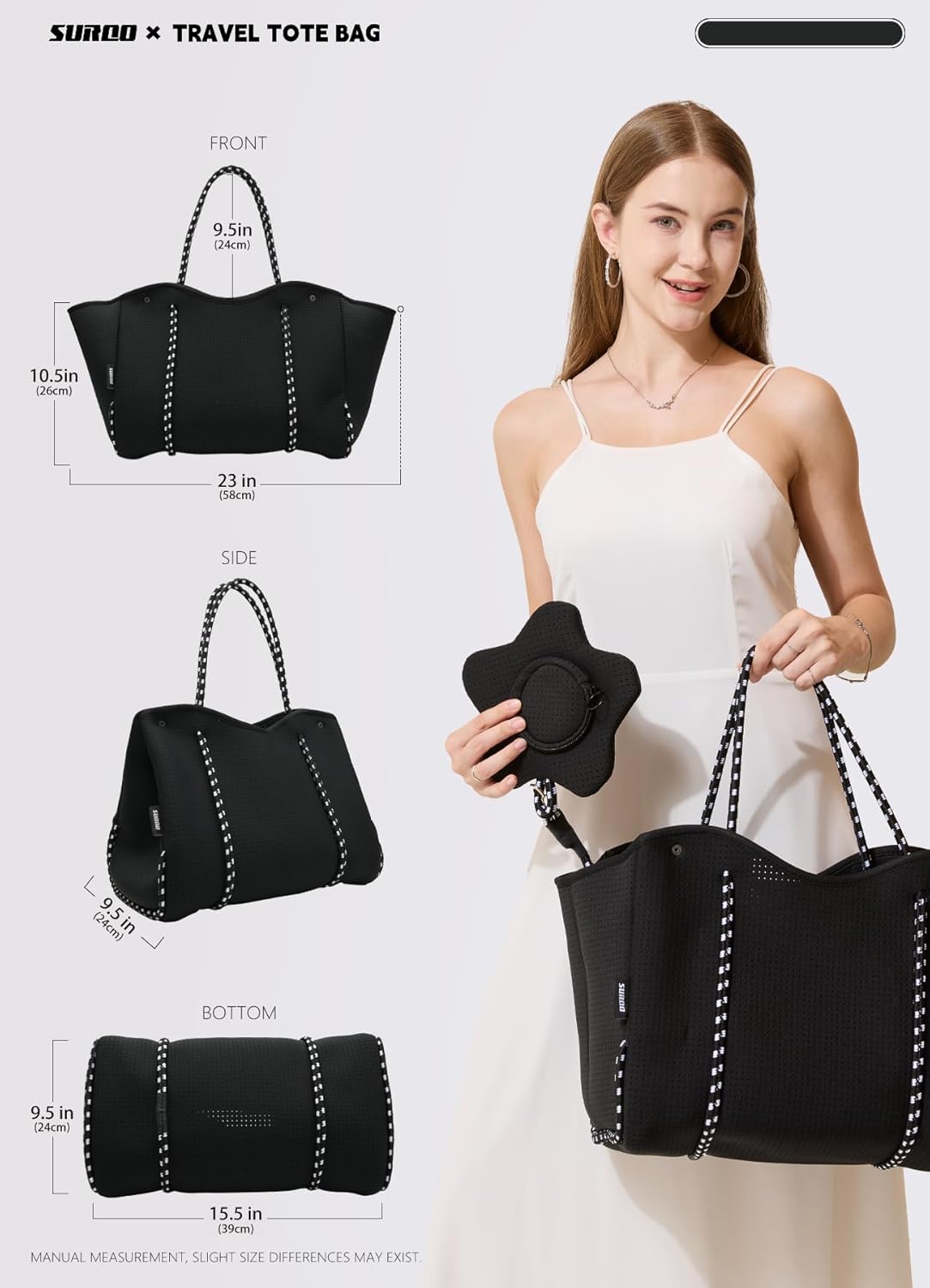 Neoprene Beach Bag for Women, Large Travel Tote Gym & Pool Bag, Detachable Pouch