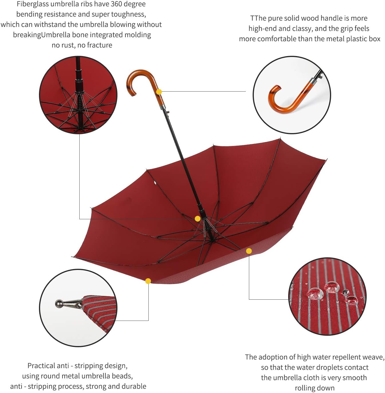 TIME LOVER Stick Umbrella Oversize Windproof Umbrella Wooden Hook Handle J Stick Automatic Open Fast Drying Umbrella for Men Women(Red stripe)
