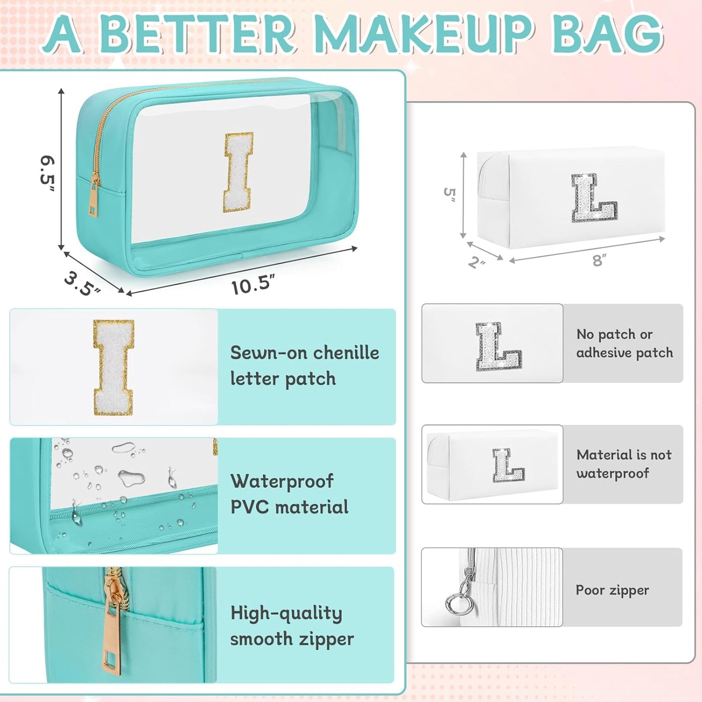 Personalized Initial Clear Makeup Bag, Travel Chenille Patch Cosmetic Bag, Preppy Toiletry Bag Monogram Cosmetic Pouch with Zipper, Ideal Gift for Teen Girls Women (Clear-Green, I)