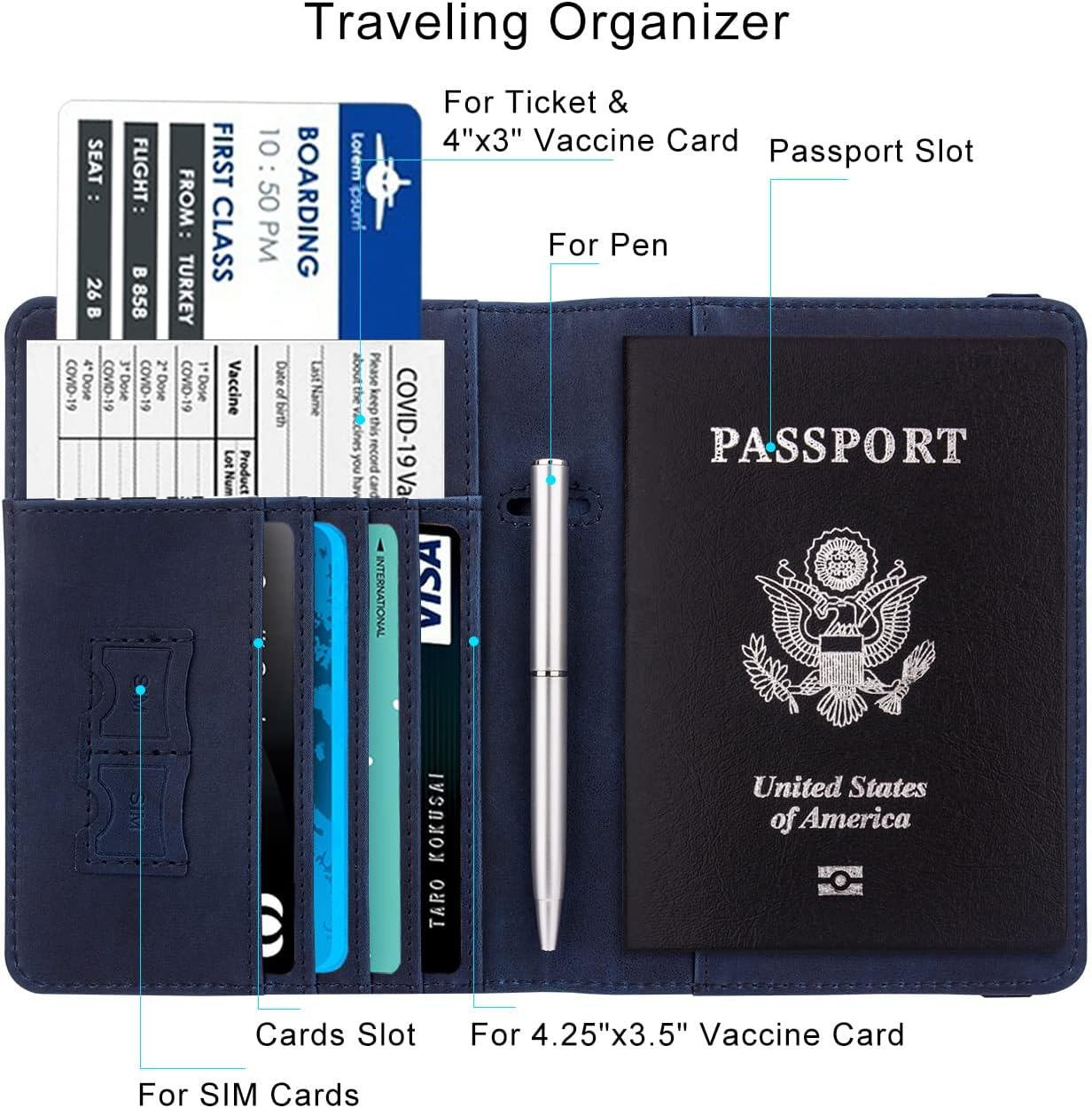 WALNEW Passport Holder for Travel, RFID Passport Cover Wallet for Women Men, PU Leather Passport Book Card Holder Case with Pen, Travelling Essentials for Flying