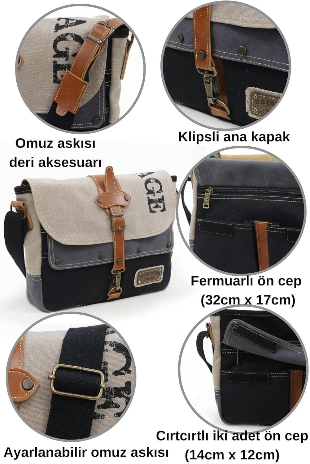 Antiochia 4046 Messenger Bag, Leather Detailed Shoulder Laptop Bag, Unisex Style for Daily, Travel