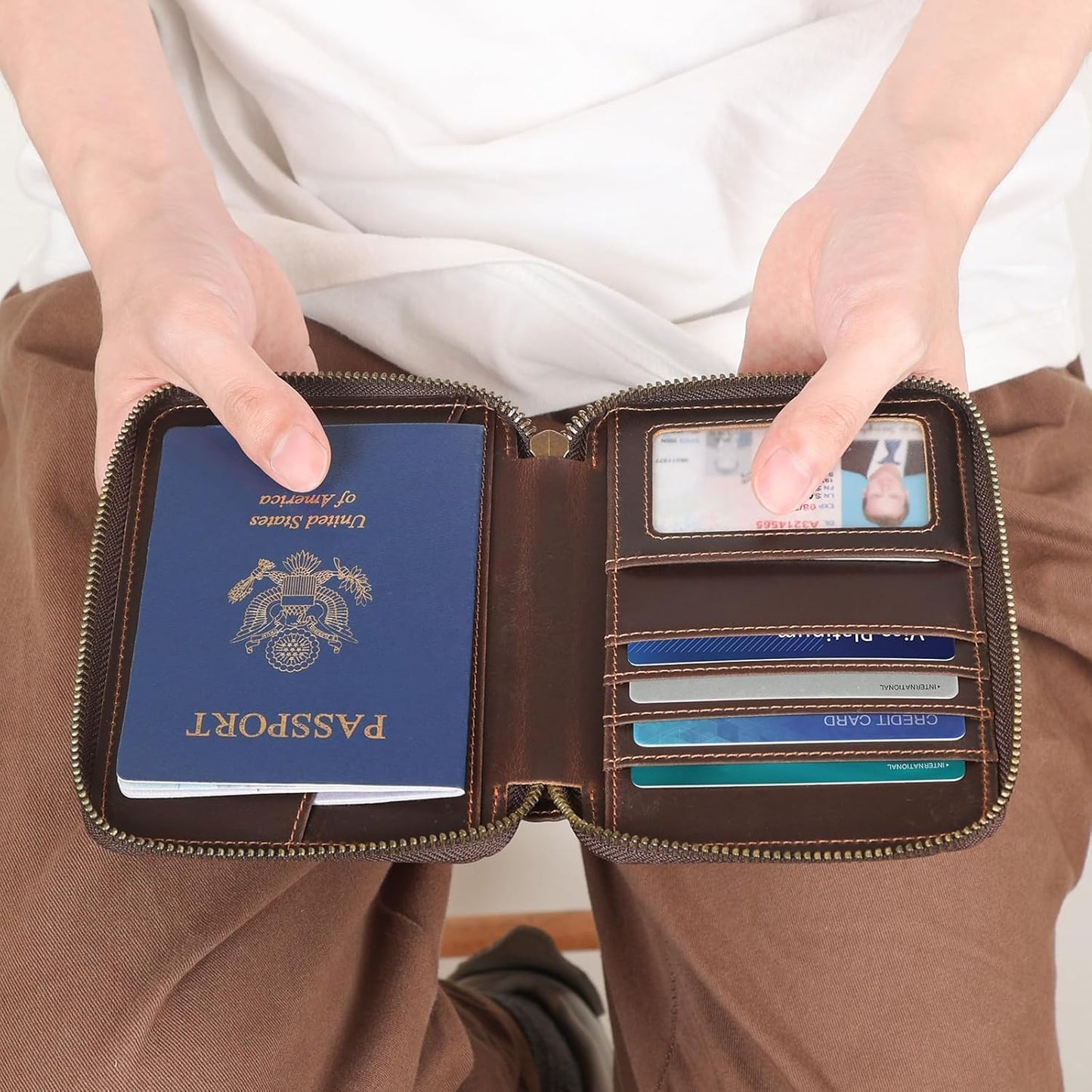 Real Leather Wallet Airtag Compatible RFID Bifold Travel Card Holder (AirTag Slot)
