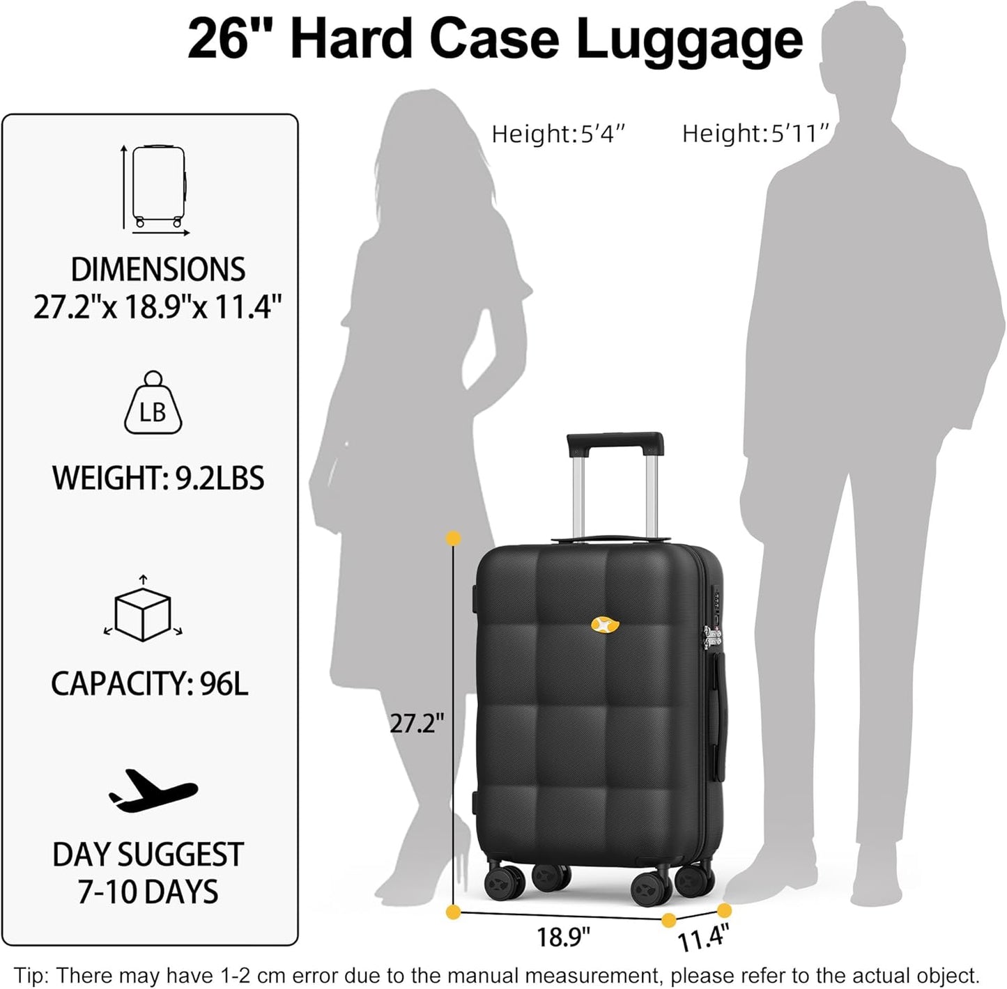 MGB 26 Inch Luggage TSA Approved Hardshell 26" Suitcases with Spinner Wheels Durable Medium Travel Checked Luggage for Women Men, Charcoal Grey
