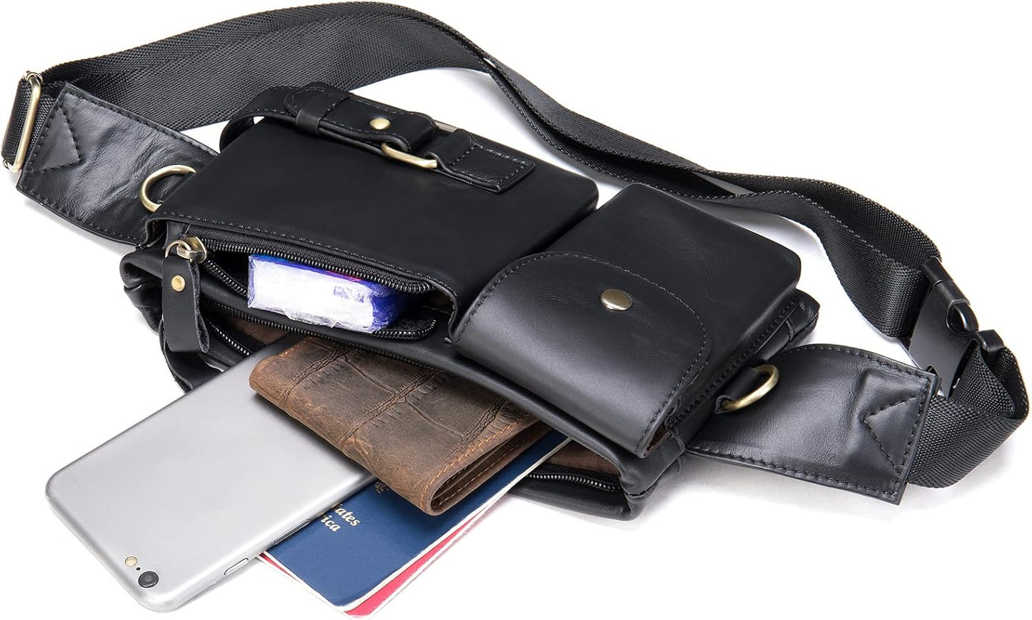 NIUCUNZH Cowhide Waist Fanny Pack-Genuine Leather and Slim with Adjustable Waistband Black