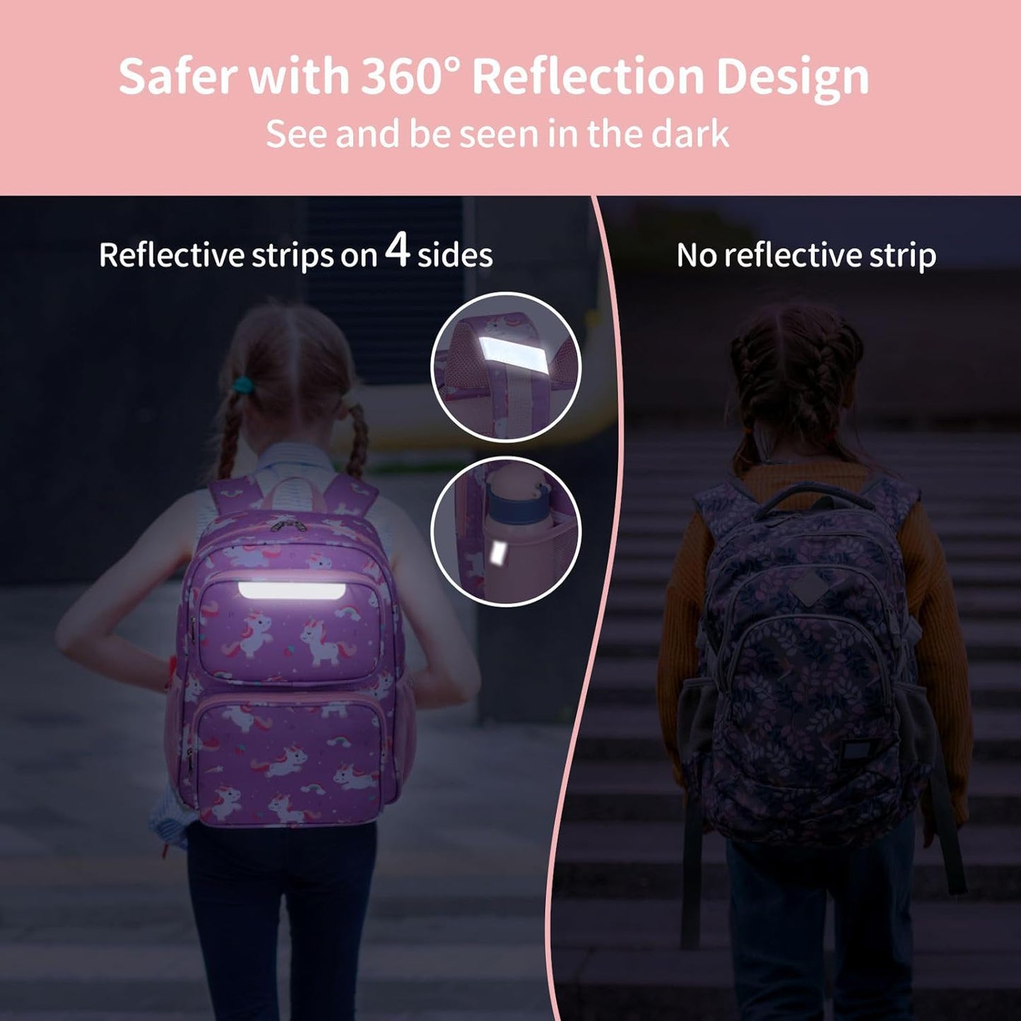 Kids Backpack for Girls - 15 Inch Backpack for Kids 3 to 8, Lightweight Bookbag for Preschool Kindergarten Elementary School, Insulated Pocket, Safe Reflective Stripe, Purple Unicorn
