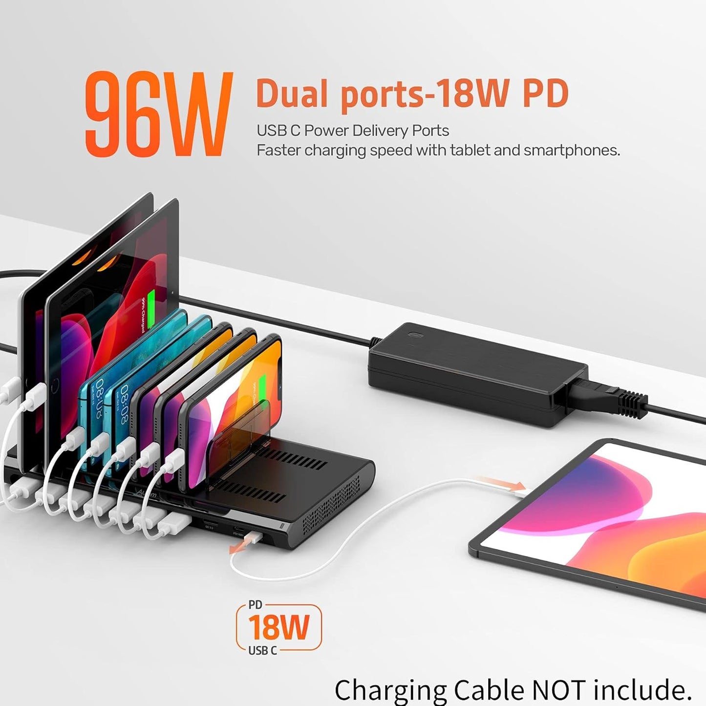 Alxum 96W 10 Port USB Charging Station for Multiple Devices, Multi Charge Station with QC 3.0 Fast Charge and 2 * 18W PD Charging Port for Laptops, Phones, Tablets, and More