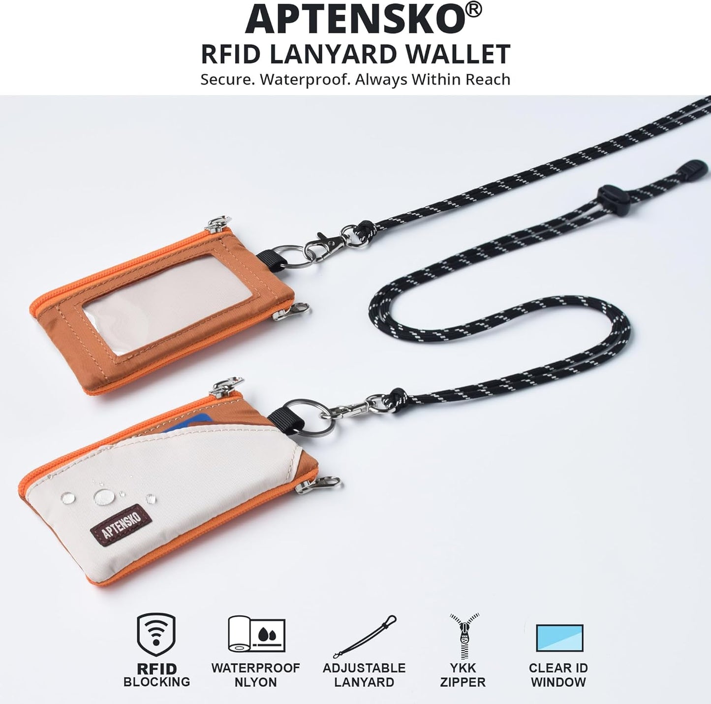RFID Travel Wallet with Adjustable Lanyard-Zipper Small Wallet with ID Card Holder, Keychain for women&men-Minimalist Slim Waterproof Nylon case for ID, Cash, Key (Almond+Rust)