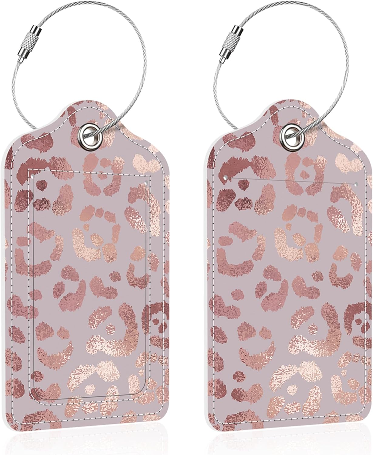 Luggage Tags for Suitcase,2 Pack Rose Gold Leopard Luggage Tag,PU Leather Id Label Luggage Tags with Stainless Steel Loop and Privacy Cover for Women Men Teens Travel