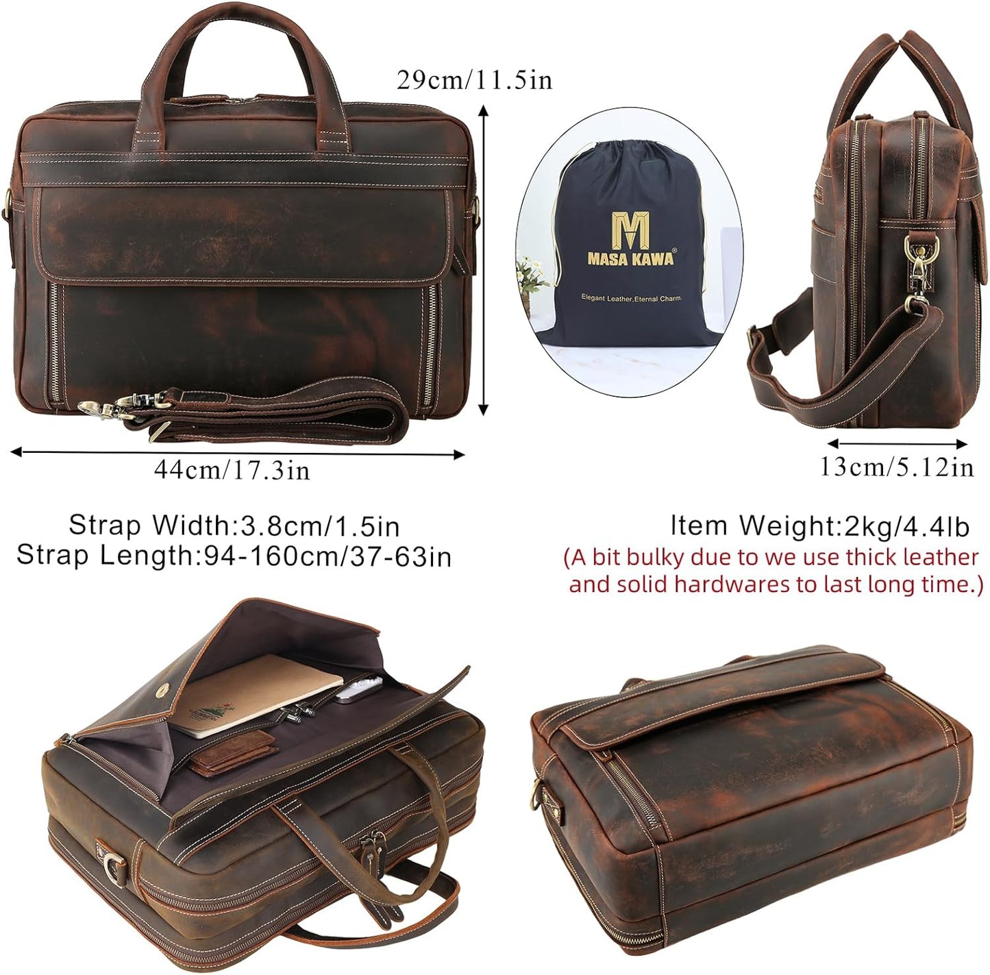 Masa Kawa Leather Briefcase for Men 15.6", 17" Laptop Computer Case Business Travel Work Messenger Cross Body Shoulder Bag