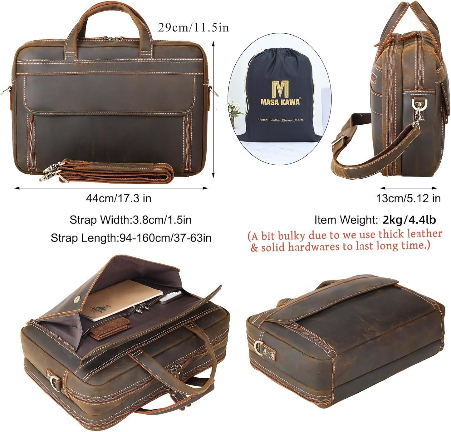 Masa Kawa Leather Briefcase for Men 15.6", 17" Laptop Computer Case Business Travel Work Messenger Cross Body Shoulder Bag