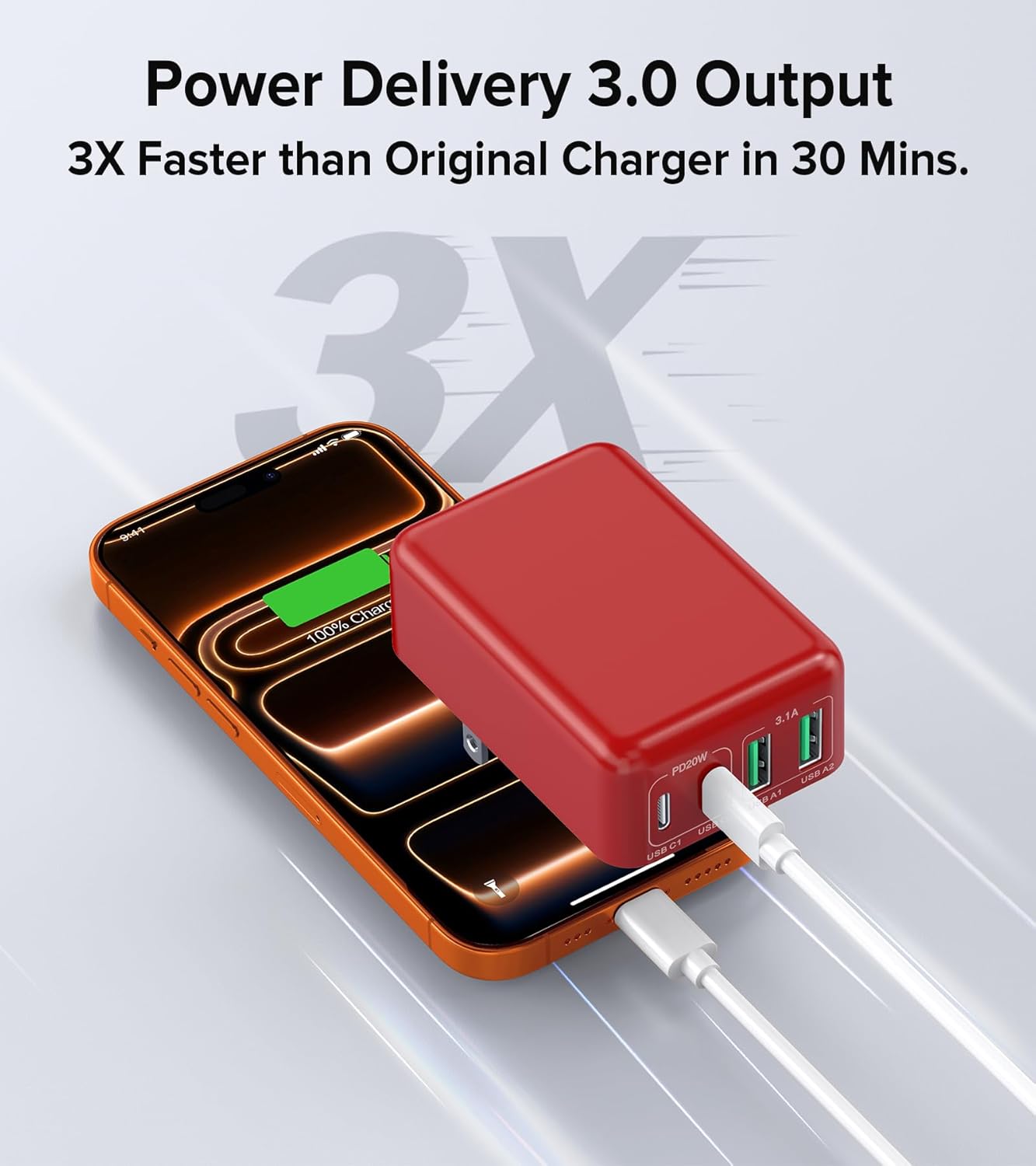 [2-Pack] Flat USB C Wall Charger,40W Fast USB C Charger Block,4-Port PD Power Adapter +QC Wall Plug Multiport Type C Charging Block Cube Compatible with iPhone 17 16 15 14 13 12 Pro Max XR XS 8 7(Red)