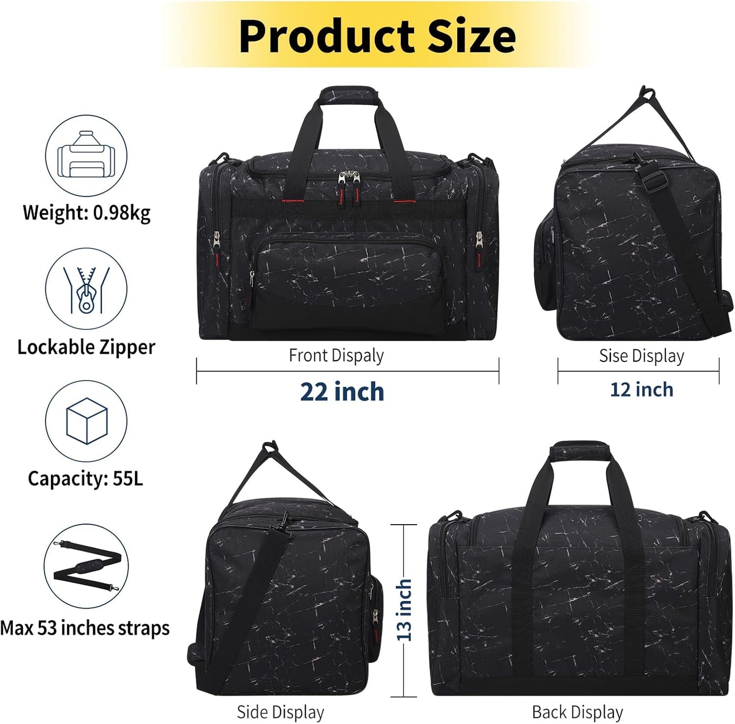 22 inch Gym Bag for Men - 55L Large Travel Duffle Bag Sports Equipment Bag with Multiple Zippered