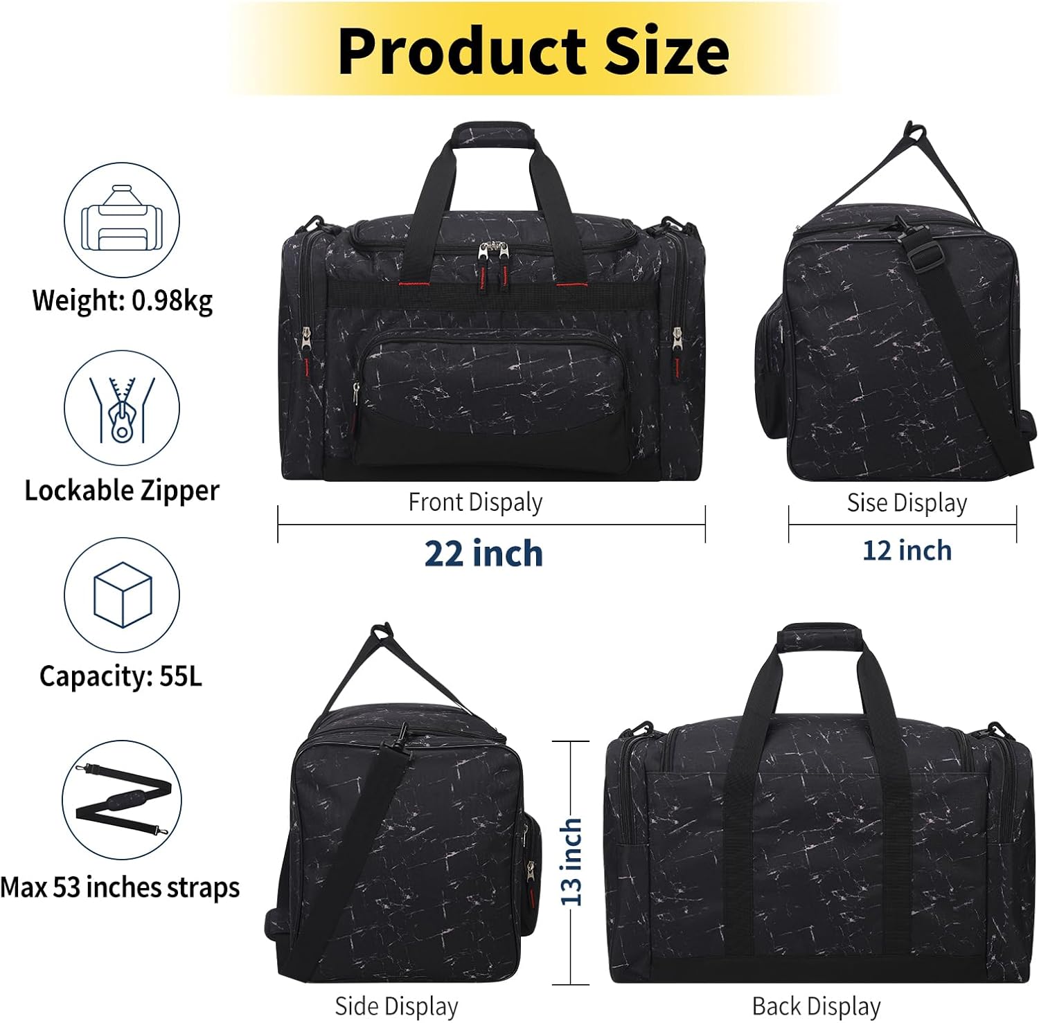 22 inch Gym Bag for Men - 55L Large Travel Duffle Bag Sports Equipment Bag with Multiple Zippered