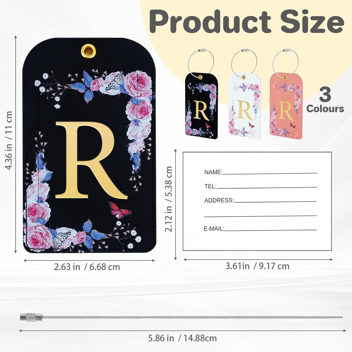 3 Pack Luxury Floral Luggage Tags, Durable PU Leather Suitcase Tags with Stainless Steel Cable Strap, Hidden ID Slot for Privacy Protection, Easy to Identify Waterproof Travel Accessories Gift (R)