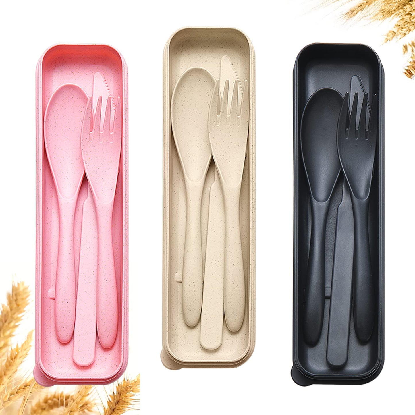 Reusable Travel Utensils Set with Case, 3 Sets Wheat Straw Portable Knife Fork Spoons Cutlery