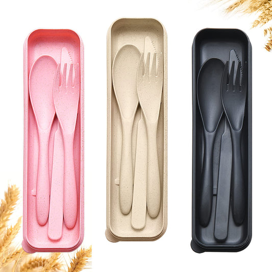 Reusable Travel Utensils Set with Case, 3 Sets Wheat Straw Portable Knife Fork Spoons Cutlery