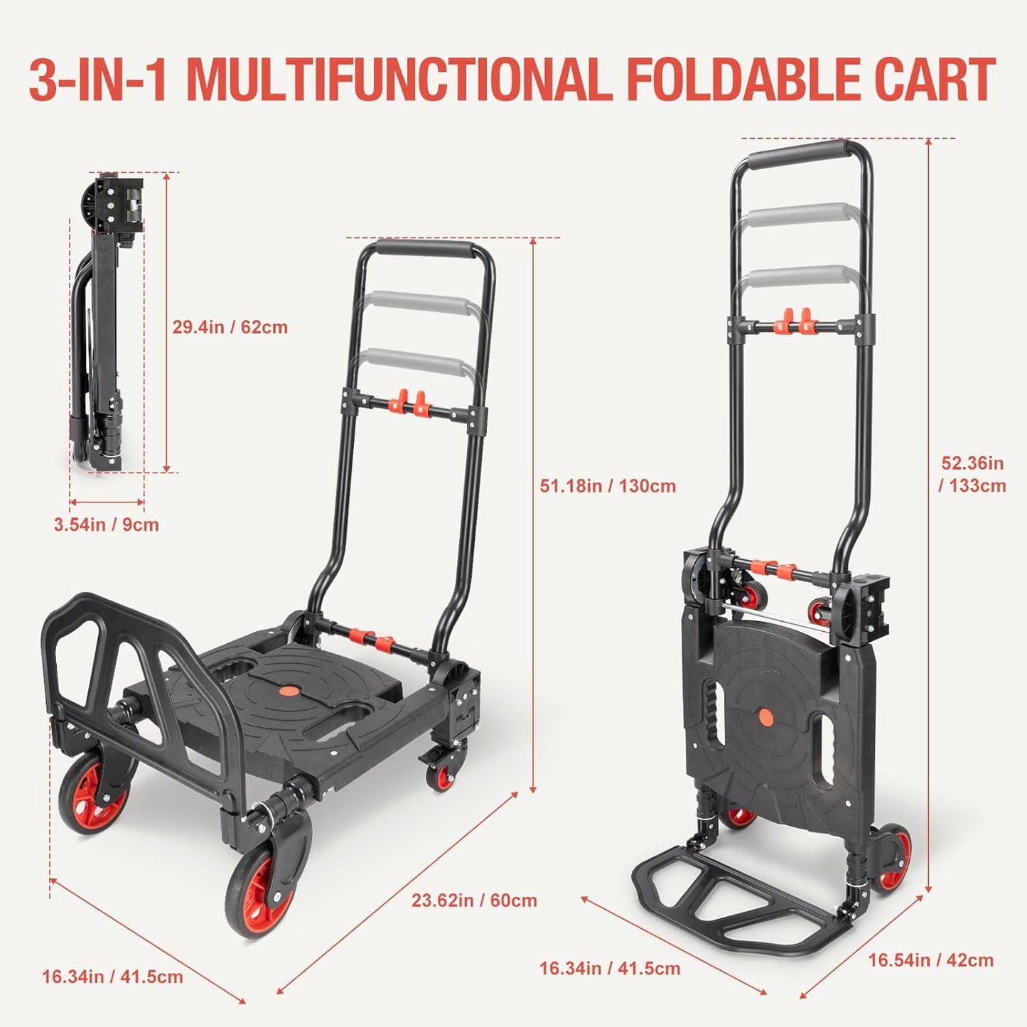 330LB Folding Hand Truck Heavy Duty Carrying, Combination of 4 Wheels & 2 Casters Convertible Dolly Cart with Retractable Handle Dolly for Moving Office Carts