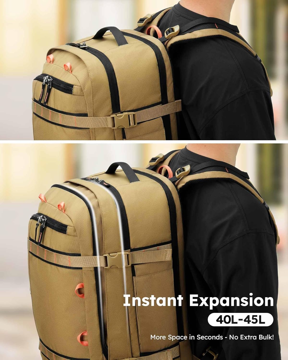 Tolaccea Travel Backpack, TSA Flight Approved Carry On Travel Laptop Backpack for Women Men, Dual Laptop Storage for 17.3" and 15.6" Laptop, Large Luggage Backpack 40-45L Expandable (Khaki)