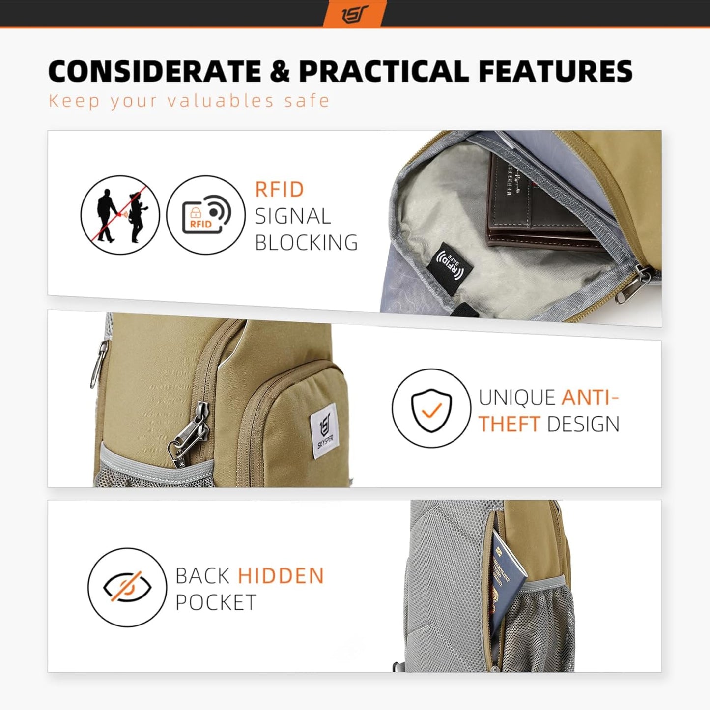SKYSPER Sling Bag RFID Crossbody Sling Backpack Cross Body Shoulder Bag Travel Hiking Daypack for