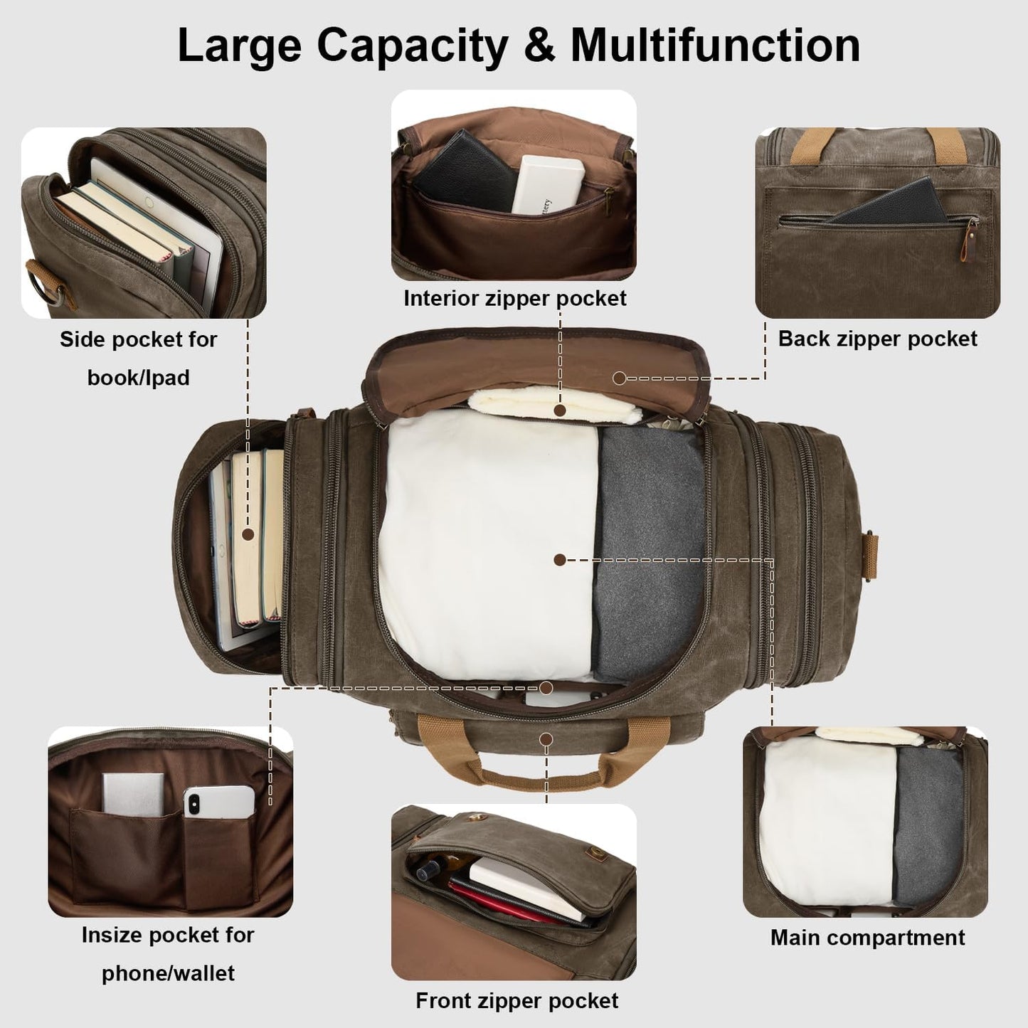 Waxed Canvas Duffel Bag 50L Waterproof Duffle Bag Travel Overnight Weekender Bag